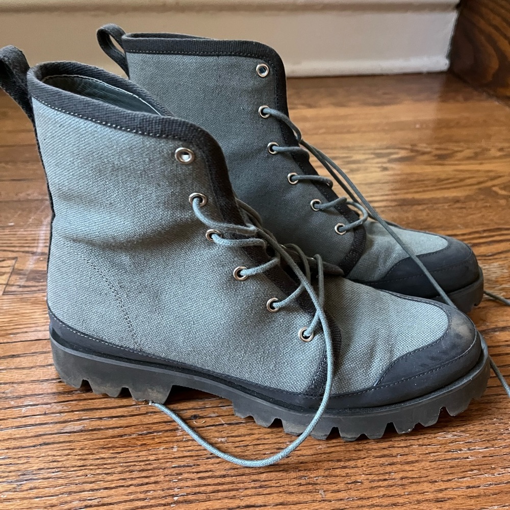 JCrew lace-up boots, fabric exterior and leather interior, size 9